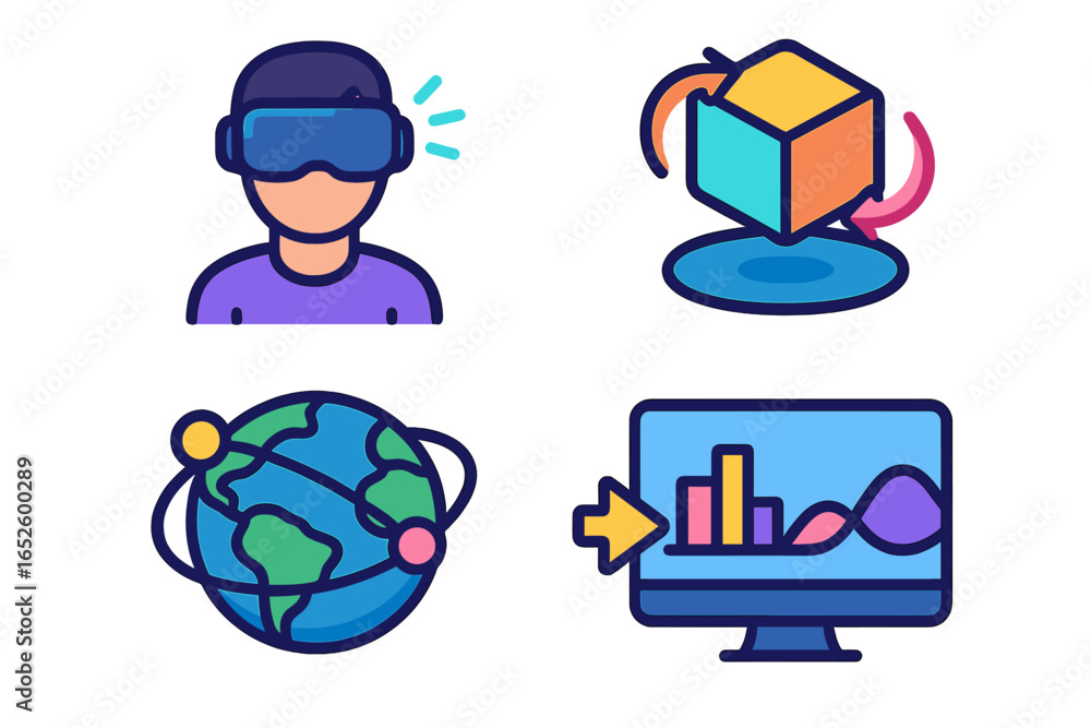 Poster virtual reality and metaverse technology icon set. vr headset, 3d object modeling, global network, a