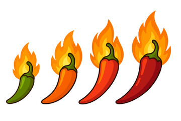 Spicy chili pepper heat level indicator. Cartoon icons with flames. Mild, medium, hot sauce rating system. Green to red peppers. Vector graphic for food menu label design.