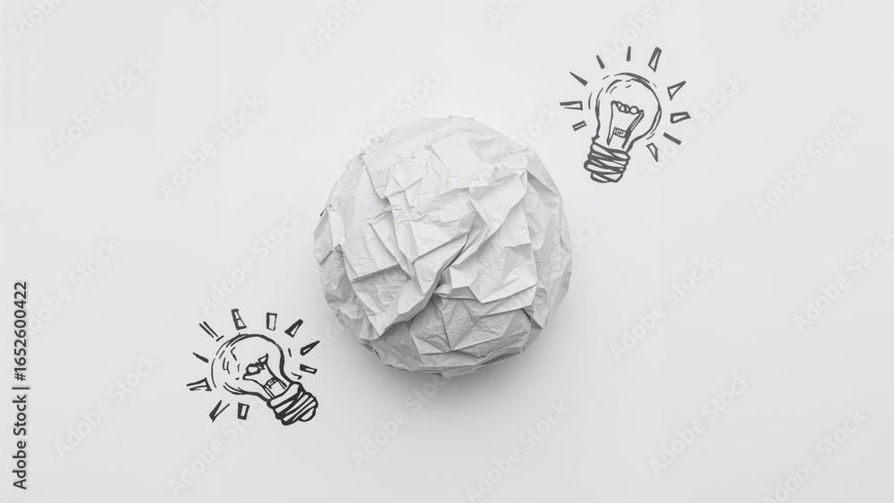 Poster textured paper sphere accompanied by a simple light bulb doodle and generous empty space