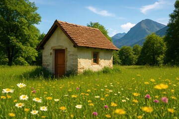 Fototapeta premium Miniature home surrounded by vibrant grassland