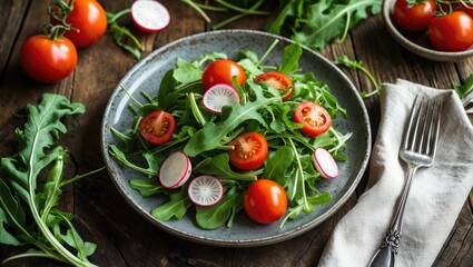 Healthy spring greens with organic tomatoes, radishes, and arugula served on a rustic plate alongside silverware