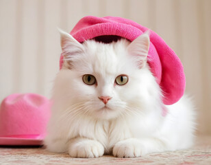 Adorable little white fluffy cat with a pink hat, featured as wallpaper in a cute animal background. A background with copy space text. kitten in a red hat