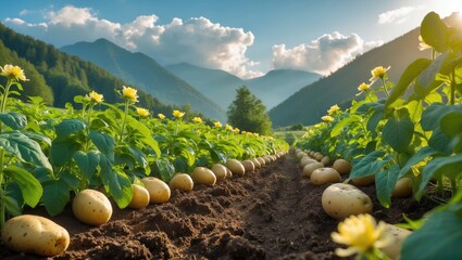 June harvest time with ripening potato plants thriving in a mountainous farm
