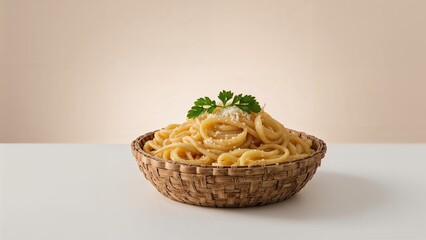 Delicious pasta with cheese in a wooden basket placed on a plain white background, food isolated