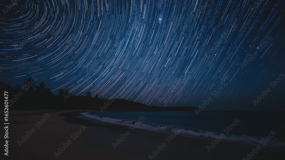 Poster a sequence of long exposure captures merged to display celestial star trails across the night.