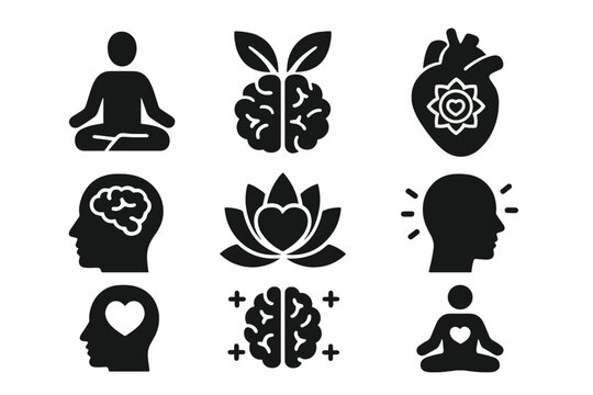 Mindfulness and mental health solid icon set. Vector glyphs for meditation, psychology, and well-being. Concepts of self-care, brain health, emotional harmony, and zen.