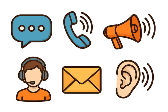 Communication and contact us icon set. Cartoon vector illustrations for customer service, support, marketing. Features phone call, chat, email, operator, megaphone, and ear.