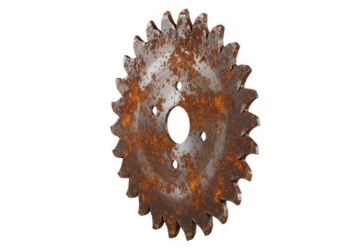 Heavily rusted industrial circular saw blade with dulled teeth, intricate corrosion patterns on a pristine solid transparent studio background, 3/4 view. Concept of industrial degradation and detailed