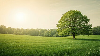 Fototapeta premium Spring meadow with green grass and trees under a clear sky