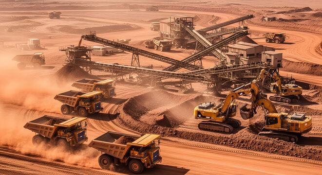 Aerial View of Open Pit Mining Site with Heavy Equipment Extracting Iron Ore