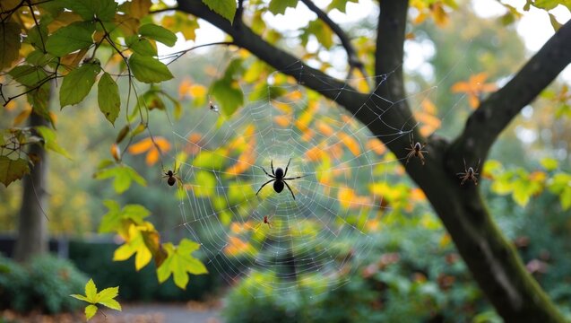 Spiders crawling amidst tree foliage