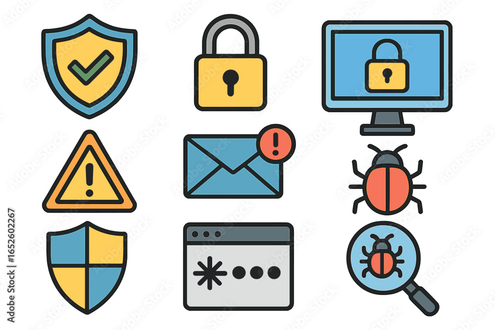 Poster cybersecurity icon set for online protection and threat detection. vector icons for virus scan, fire