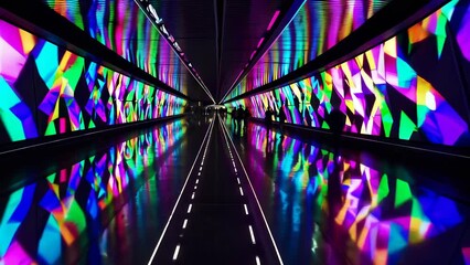 Vibrant Abstract LED Light Tunnel with Colorful Reflections and Silhouetted Figures - Powered by Adobe