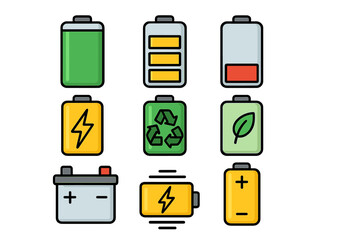 Battery icon set with various charge level indicators. Vector cartoon symbols for power, energy, electricity. Collection includes car accumulator, recycling sign, eco green energy leaf.
