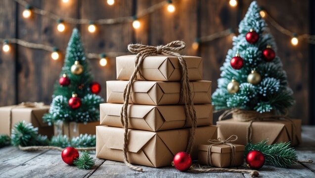 A collection of rustic packages tied together with string and covered in textured paper