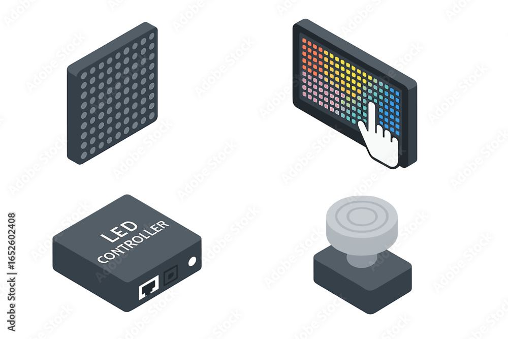Poster isometric vector icon set of interactive led display components. digital touch screen, led matrix wa