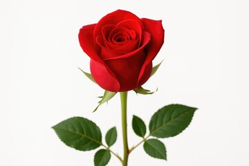 Isolated red rose with sharp focus on petals and a plain white backdrop