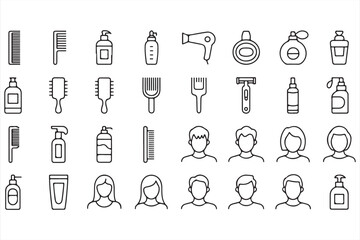 Line icons of hair care and grooming tools such as combs, brushes, and spray bottles