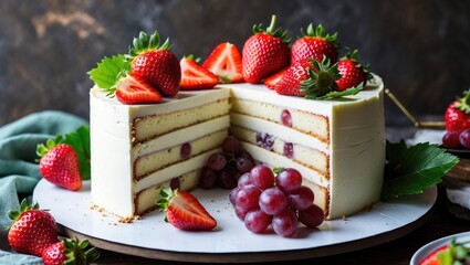 White sponge cake with strawberry and grape garnishes