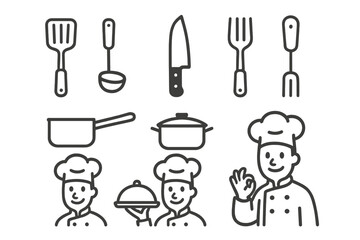 Chef and kitchen utensils icon set. Cooking tools line art. Spatula, ladle, knife, pot. Restaurant, culinary, gastronomy pictogram collection. Minimalist vector design.