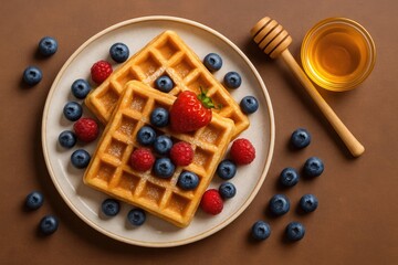 Plate of Belgian-style square waffles garnished with berries and honey, viewed from above