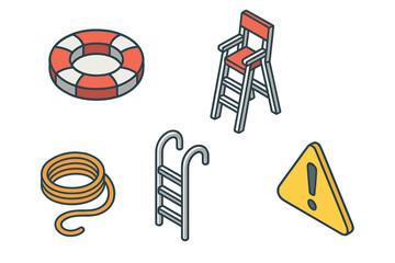 Pool safety equipment isometric icon set. Vector illustration of a life ring, lifeguard chair, safety rope, pool ladder, and warning sign for water safety concepts.