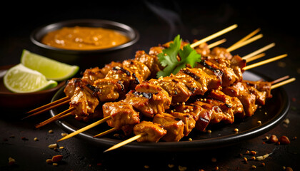 Satay skewers arranged with sauce in rustic style.