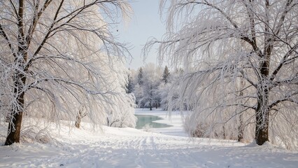 Obraz premium Winter scenery in a park with exquisite, detailed snow-covered views