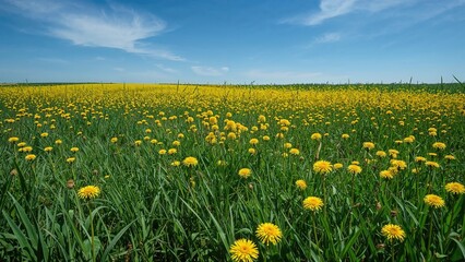 Fototapeta premium A spring scene filled with vivid yellow dandelion flowers and fresh green grass