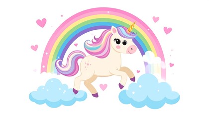 A whimsical unicorn prances on clouds beneath a rainbow, hearts scattered around
