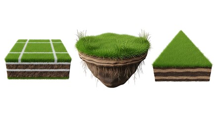 Conceptual 3D renders of earth and grass: square field, floating island, triangular terrain