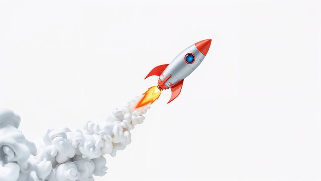 Cartoon-style toy rocket ascending with smoke, embodying space and startup ideas in a 3D illustration.