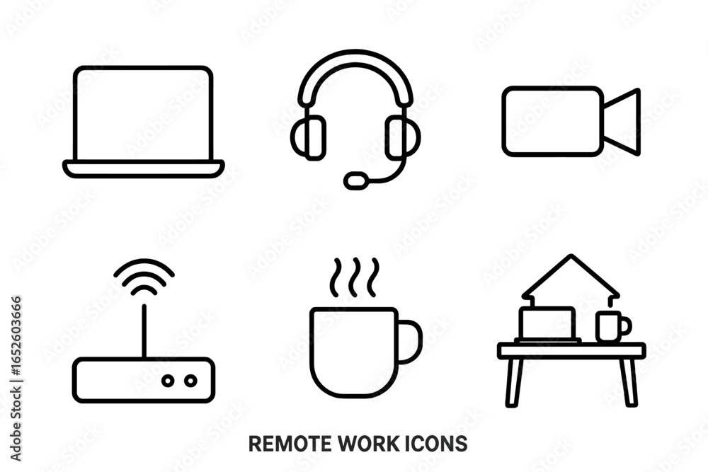 Poster remote work line icon set. thin line vector symbols for telecommuting and work from home concepts. c