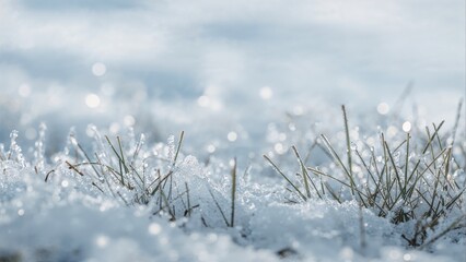Obraz premium Frozen grass blades covered in snow with blurred background