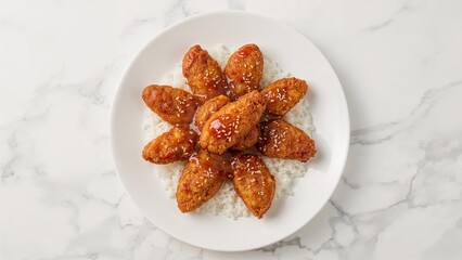 Bird's-eye perspective of zesty honey chicken tenders paired with rice