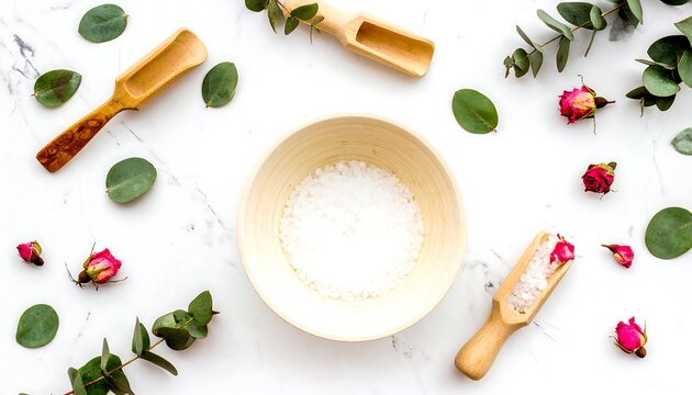 Spa-themed flatlay with bowl of salt and wooden implements