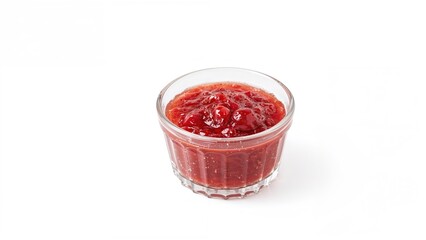 Perspective view of a miniature glass ramekin holding rich red strawberry jam, placed on a white backdrop.