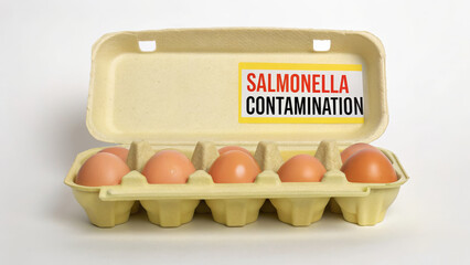 Salmonella outbreak concept ,Egg carton with salmonella warning label, containing brown eggs, emphasizes food safety concerns