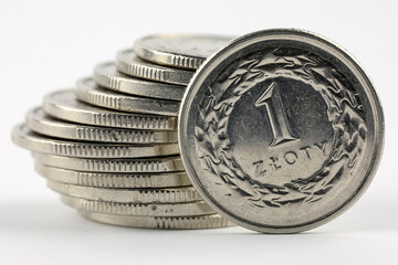 A stack of one-zloty coins, the lawful tender of Poland