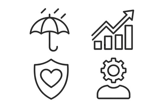 Resilience and coping skills outline icon set. Mental health, personal growth, strength, and positive mindset. Protection, support, security, stability, and success concepts.