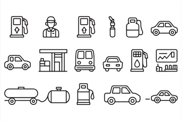 Car and Gas Station Outline Icon Set for Transportation and Energy Business