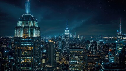 Obraz premium Night scene featuring lights in skyscraper windows