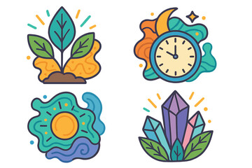 Obraz premium Set of colorful cartoon vector icons. Nature, time, and geology concepts. Plant growth, clock for day and night, abstract sun, and magic crystal gems. Modern flat design style.
