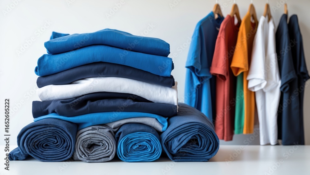 Poster collection of neatly rolled t-shirts placed on a white backdrop with ample empty area