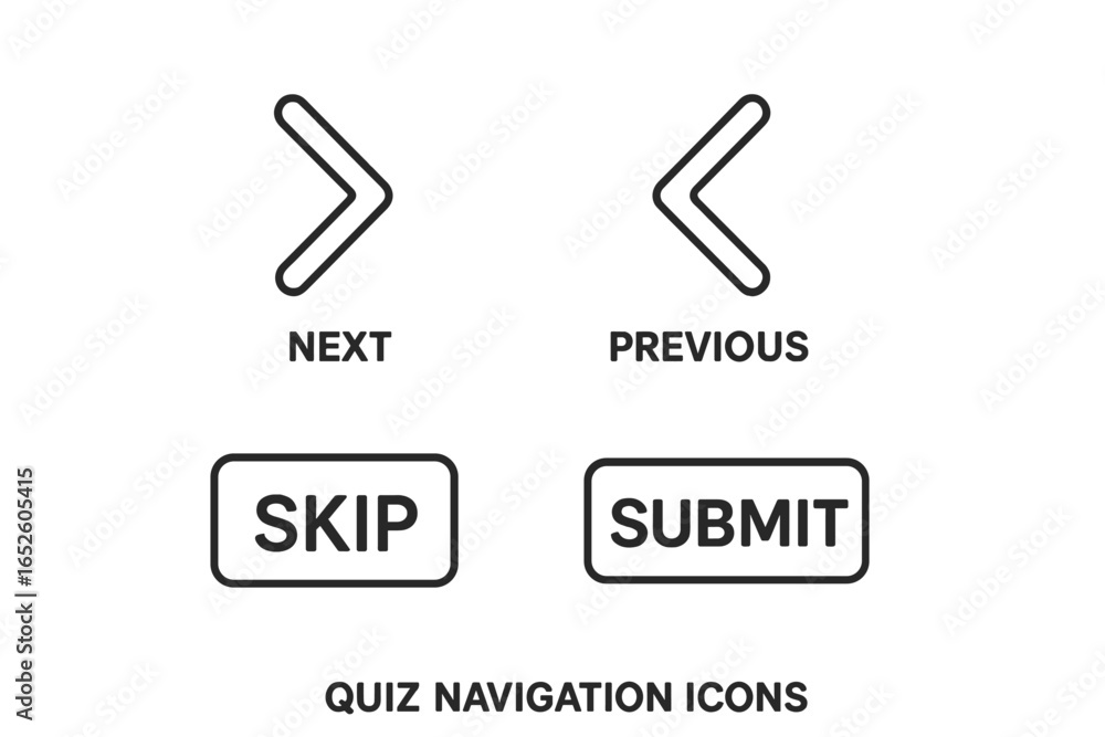 Poster quiz navigation icon set. minimalist outline symbols for user interface design. next, previous arrow