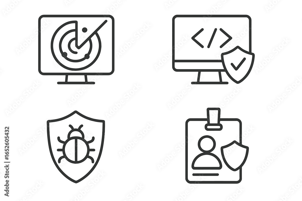 Aufkleber security icon set of 4, outline vector graphics featuring security scanning, vulnerability scanner, 
