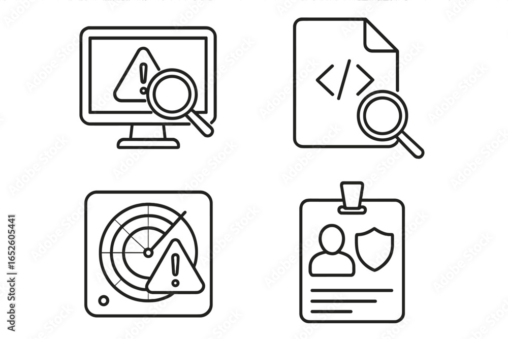 Poster security icon set of 4, outline vector illustration of security scanning, compliance, vulnerability 