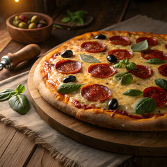 hot cheesy pizza, golden crispy crust, gooey melted cheese stretching