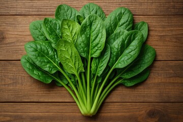 Fototapeta premium Healthy spinach bunch spread out on natural wooden table