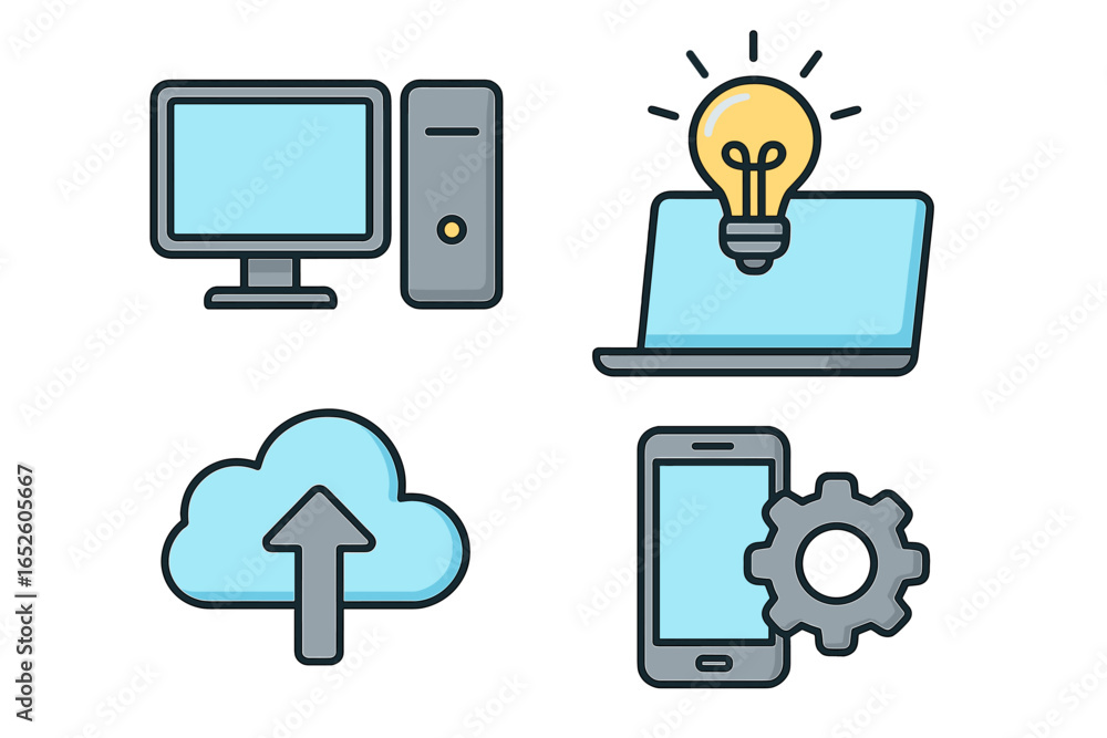 Aufkleber technology icon set. vector collection of flat outline symbols. includes desktop computer, laptop wi